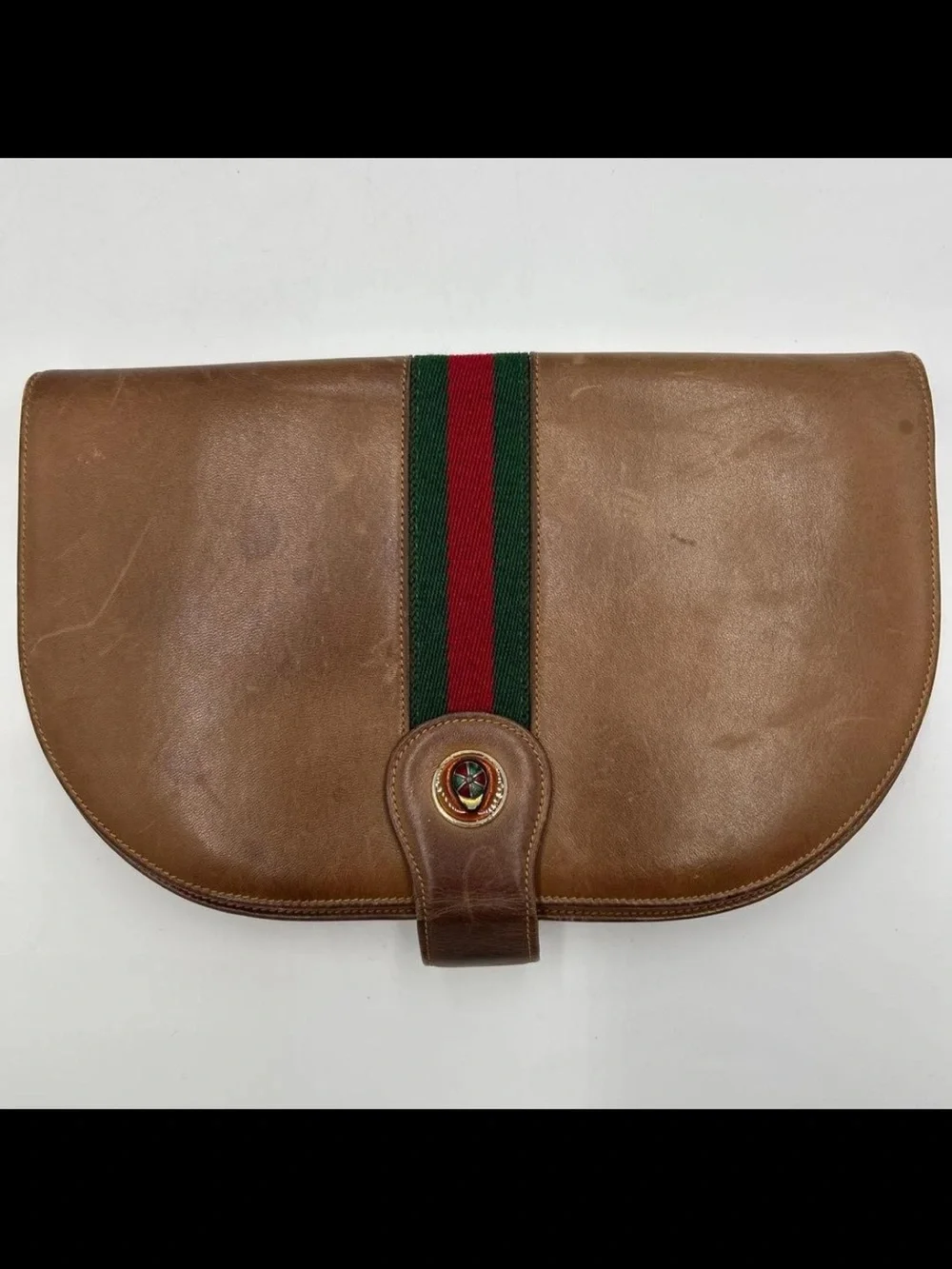 Gucci Brown Leather Clutch with Signature Green and Red Web